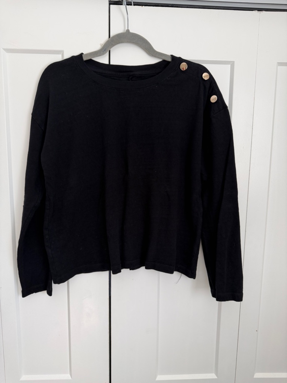 LOFT Black Sweatshirt with Gold Button Shoulder Detail